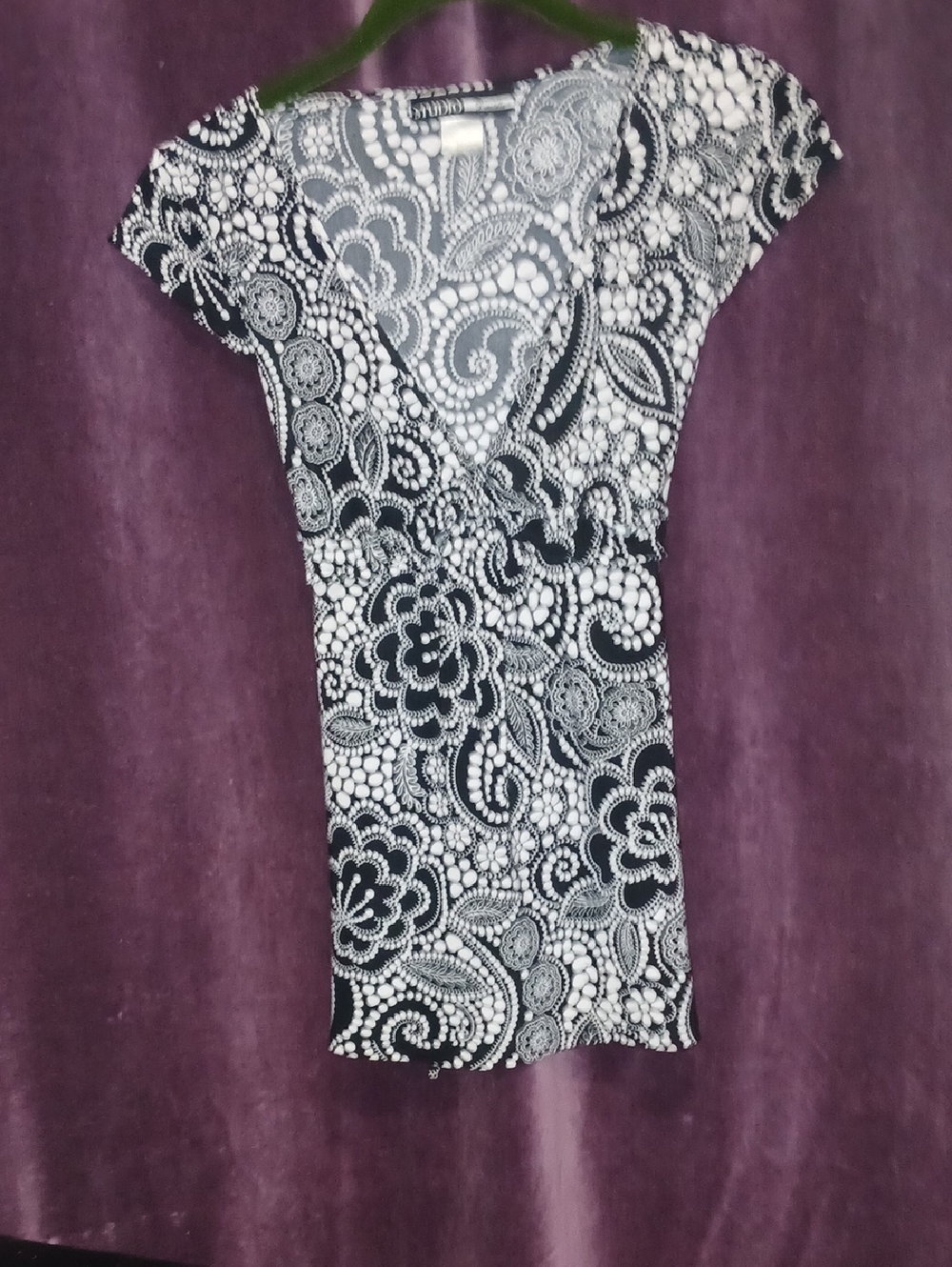 Black & White Floral Wrap-Style Women's Top